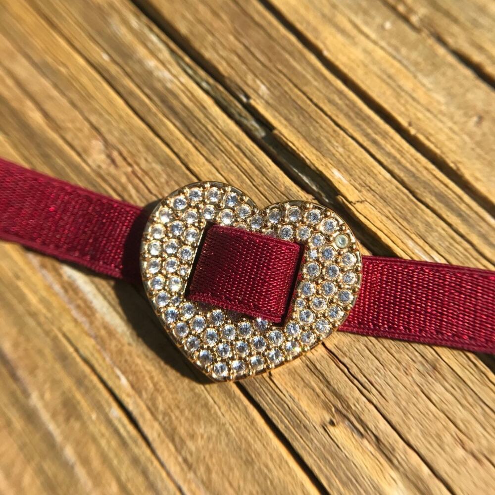 SWAROVSKI Swan Signed Crystal Heart Red Ribbon Choker Necklace, very rare